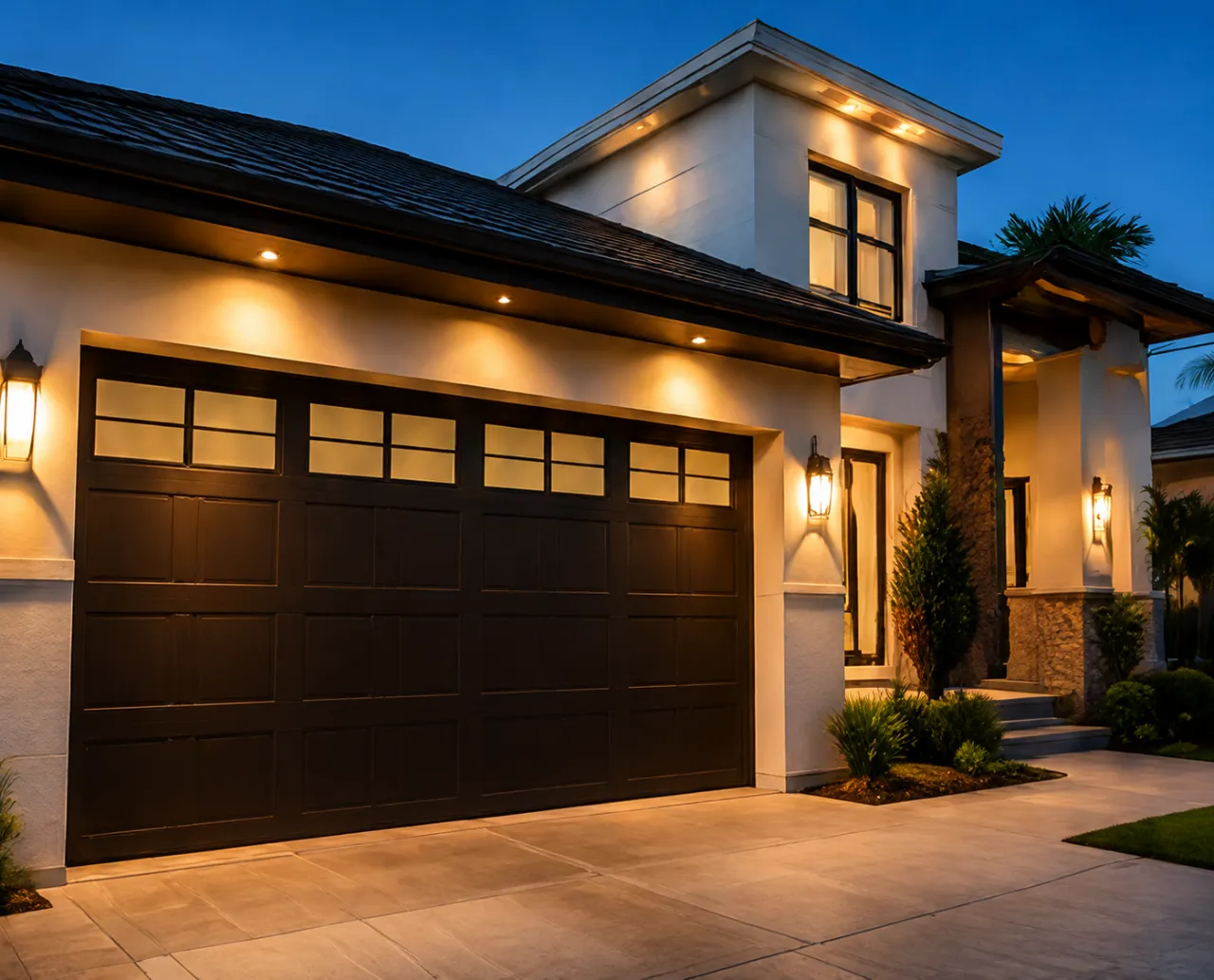 Beautifully lit garage door at dusk